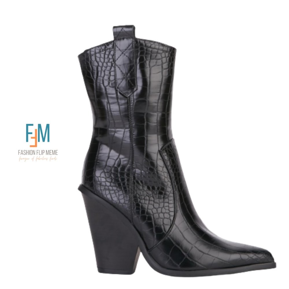 Black Croc Textured Side Zip Block Heel Mid Calf Boot 10M 41 NWOT